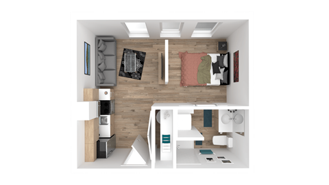 a 3d floor plan of a bedroom with a living room